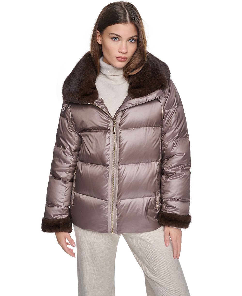 Halston Women's Short Faux Fur Cuffs and Collar Puffer