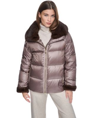 Halston Women's Short Faux Fur Cuffs and Collar Puffer