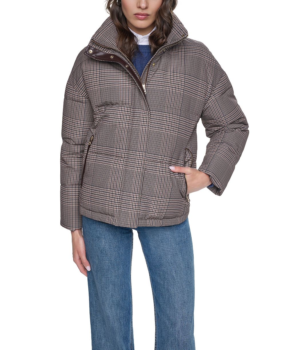 Cole Haan Women's Heritage Plaid Puffer Jacket with Stand Collar