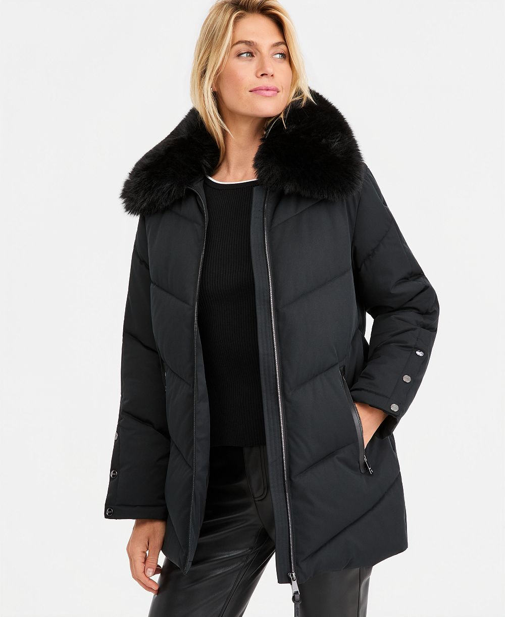 DKNY Women's Faux-Fur-Collar Puffer Coat