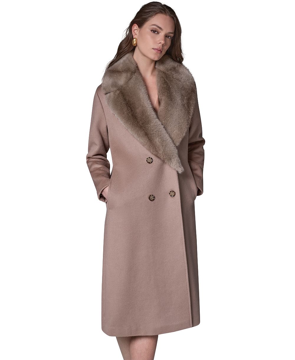 Donna Karan New York Женское пальто из шерстяной смеси с воротником из искусственного меха