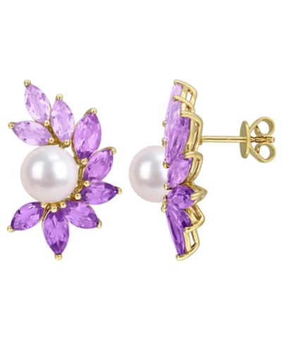 Серьги-гвоздики Macy's Cultured Freshwater Pearl and Amethyst в позолоченном серебре 18k Gold Flash Plated Sterling Silver