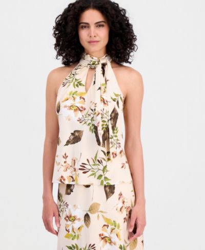 Tahari ASL Women's Sleeveless Floral Tie-Neck Top