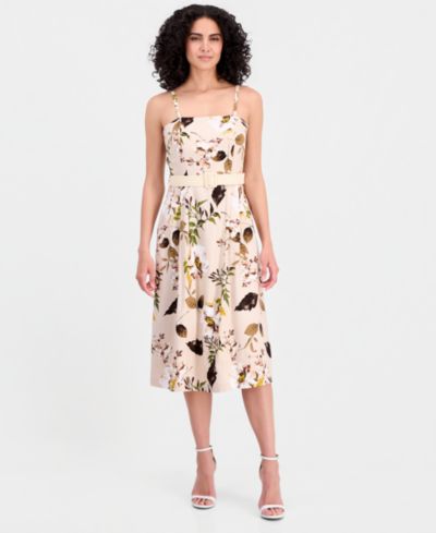 Tahari ASL Women's Printed Belted Sleeveless Linen Blend Dress