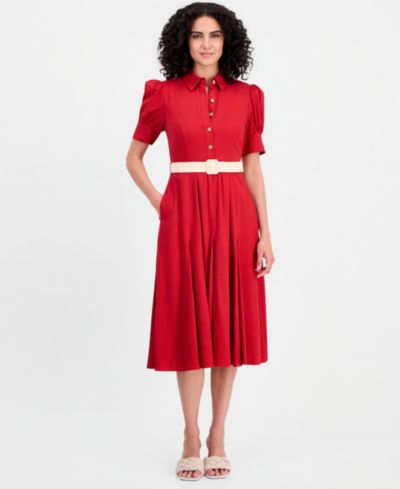 Tahari ASL Women's Short-Sleeve Belted Linen Blend Dress