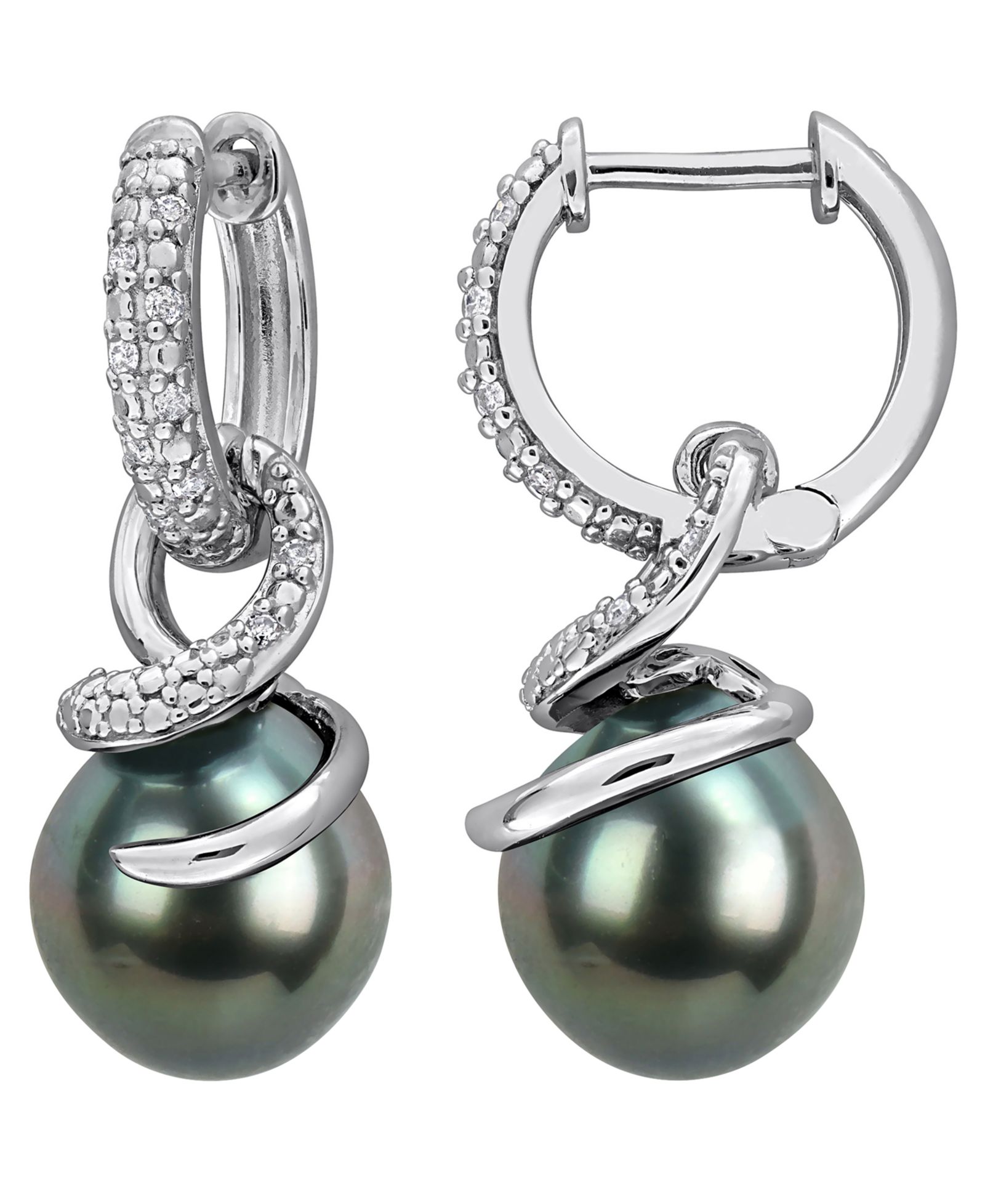 Серьги-подвески Macy's Cultured Tahitian Pearl and Diamond (1/10 ct. t.w.) в серебре Sterling Silver