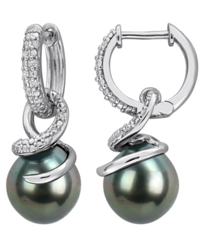 Серьги-подвески Macy's Cultured Tahitian Pearl and Diamond (1/10 ct. t.w.) в серебре Sterling Silver