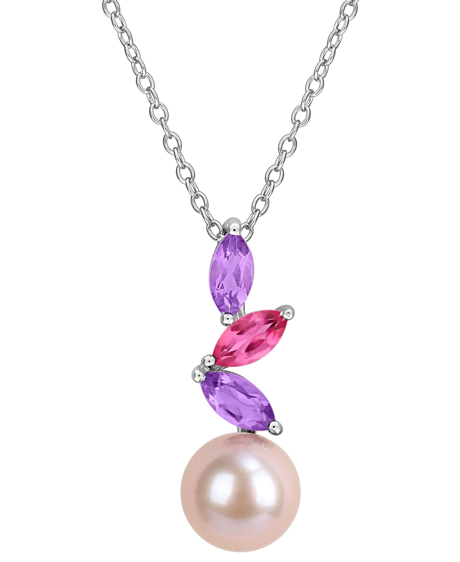 Macy's Cultured Freshwater Pearl, Pink Amethyst (1/2 ct t.w.) & Pink Topaz (1/5 ct. t.w.) Necklace в Sterling Silver