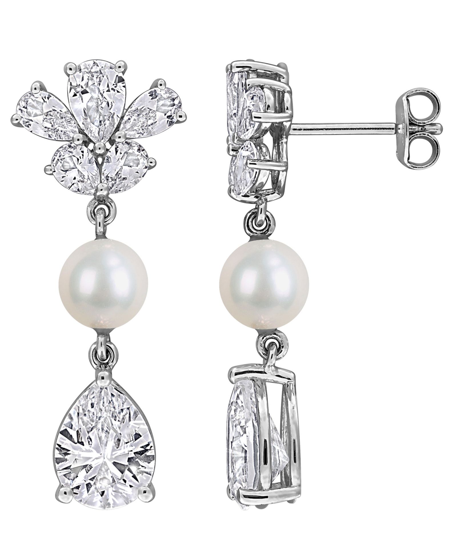 Macy's Cultured Freshwater Pearl & Created White Sapphire (8-7/8 ct. t.w.) Drop Earrings in Sterling Silver