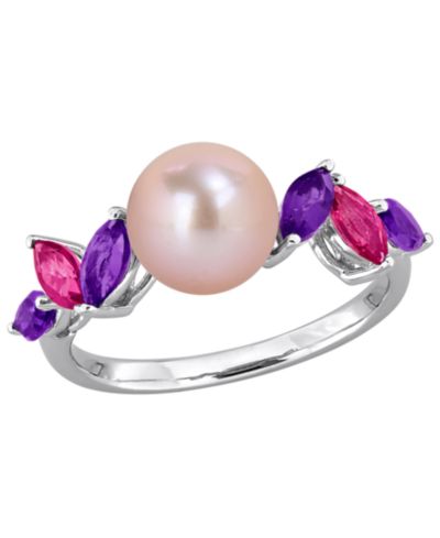 Кольцо с культивированным речным жемчугом, розовым аметистом (5/8 ct. t.w.) и розовым топазом (3/8 ct. t.w.) в стерлинговом серебре