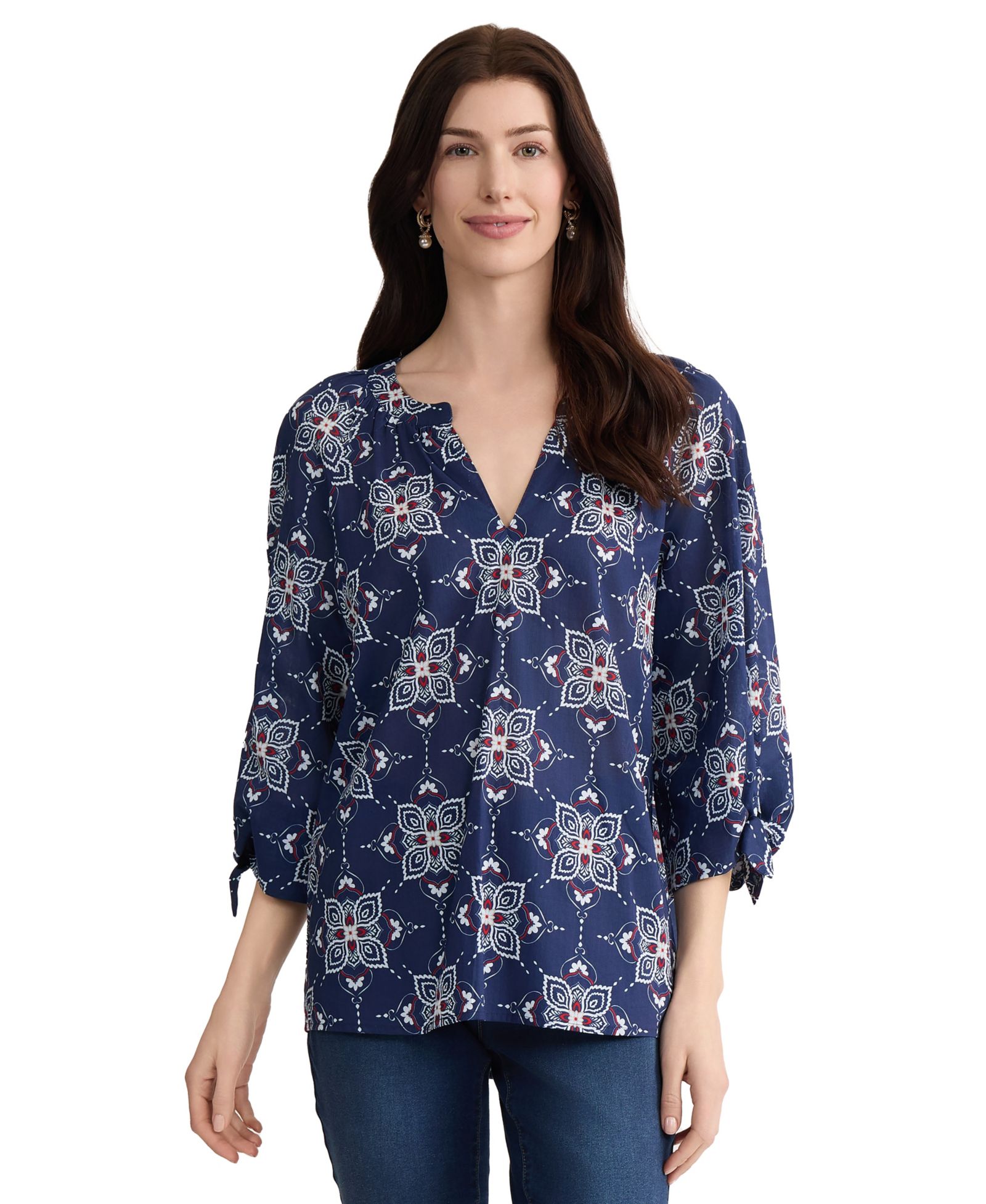 Женская блузка Jones New York Raglan Sleeve V-Neck Printed Cotton