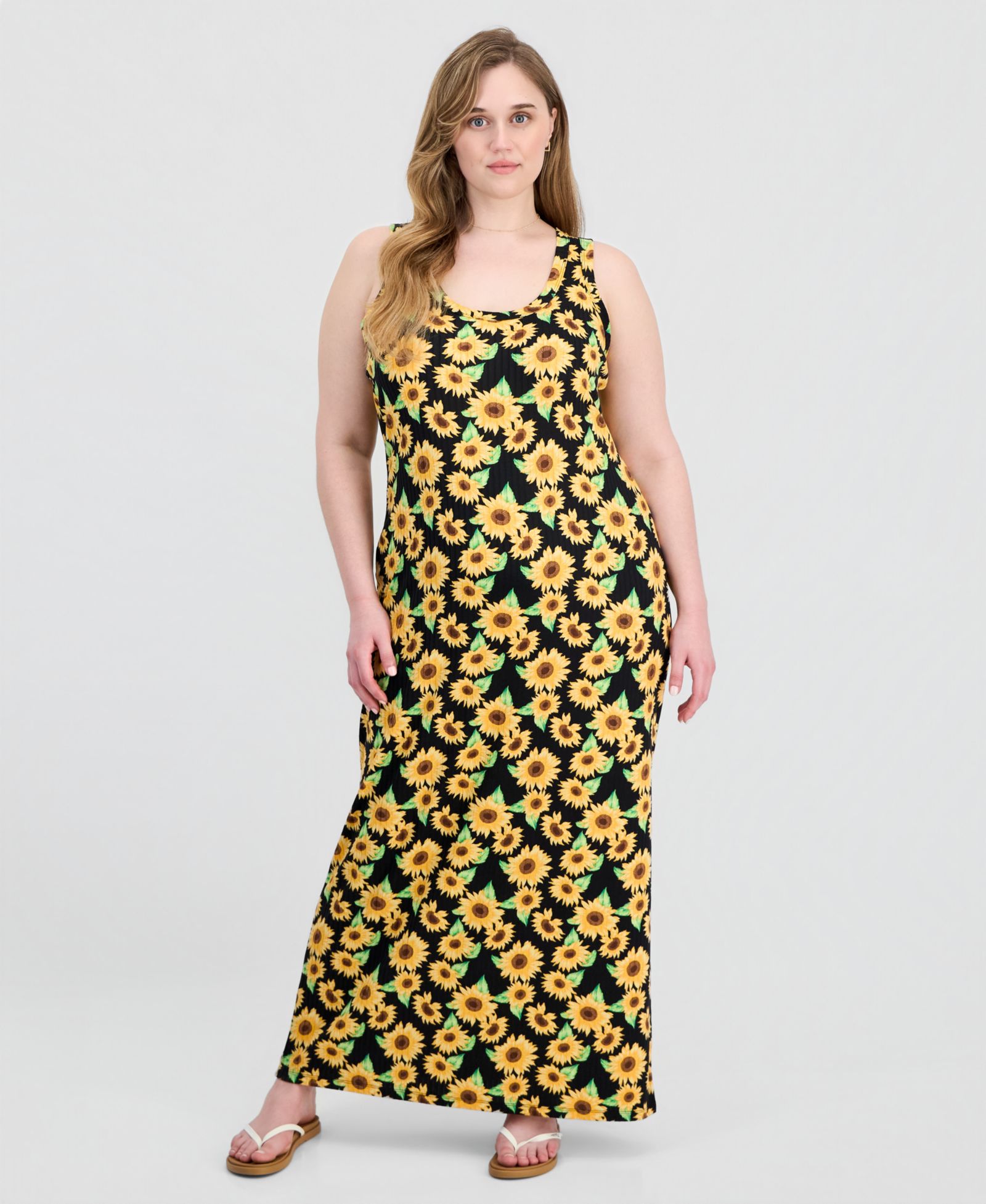 FULL CIRCLE TRENDS Trendy Plus Size Printed Ribbed Knit Sleeveless Maxi Dress