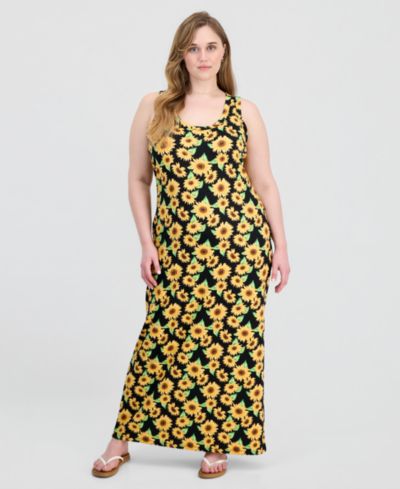FULL CIRCLE TRENDS Trendy Plus Size Printed Ribbed Knit Sleeveless Maxi Dress