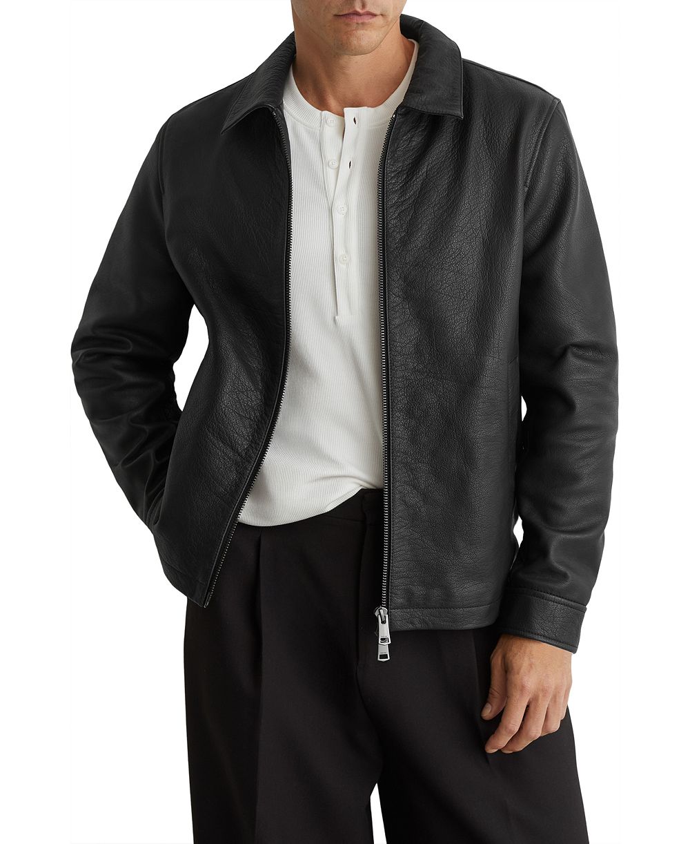REISS Men's Ortega Regular-Fit Zip-Through Leather Jacket