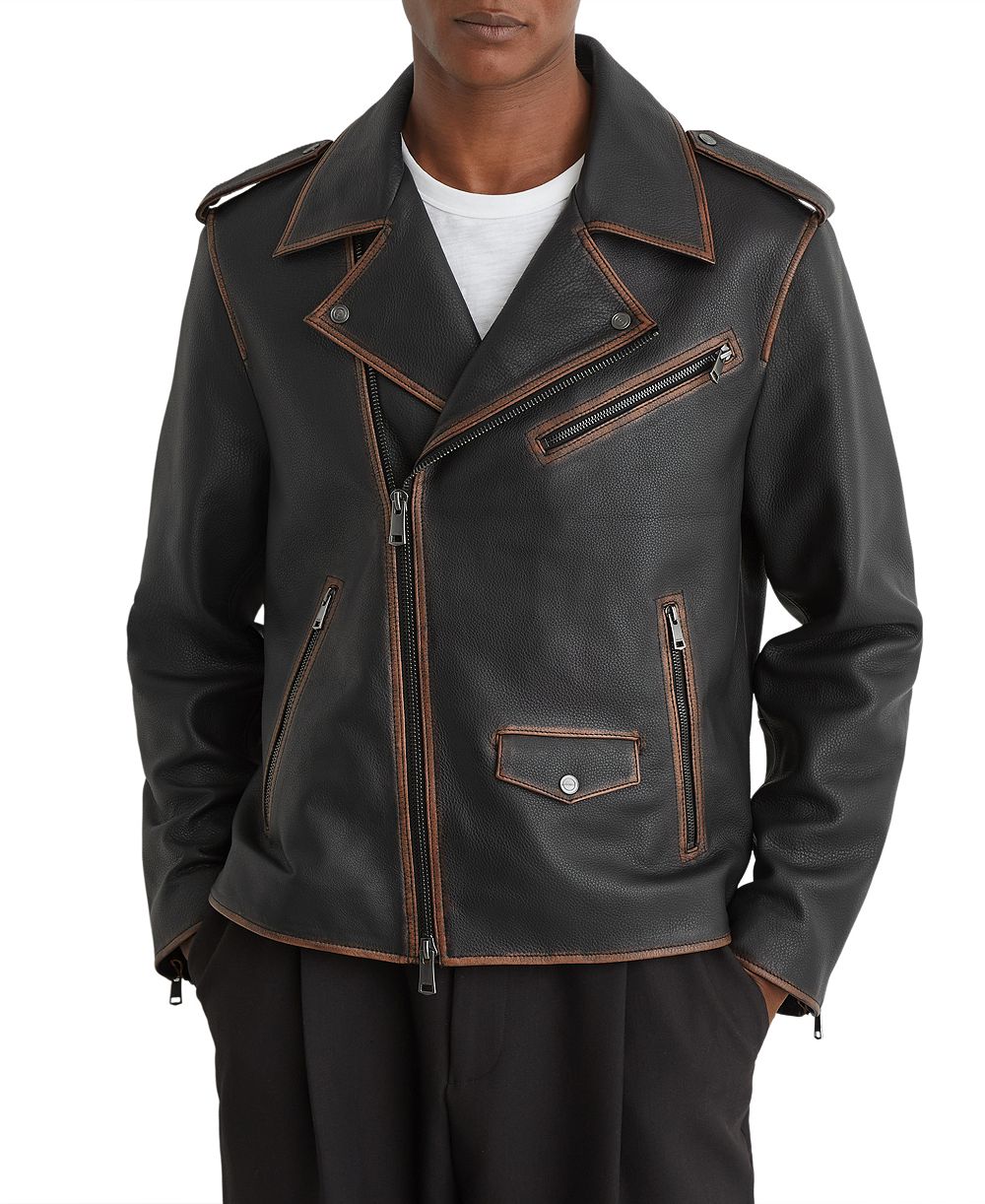 REISS Men's Winnen Leather Burnished-Detail Biker Jacket