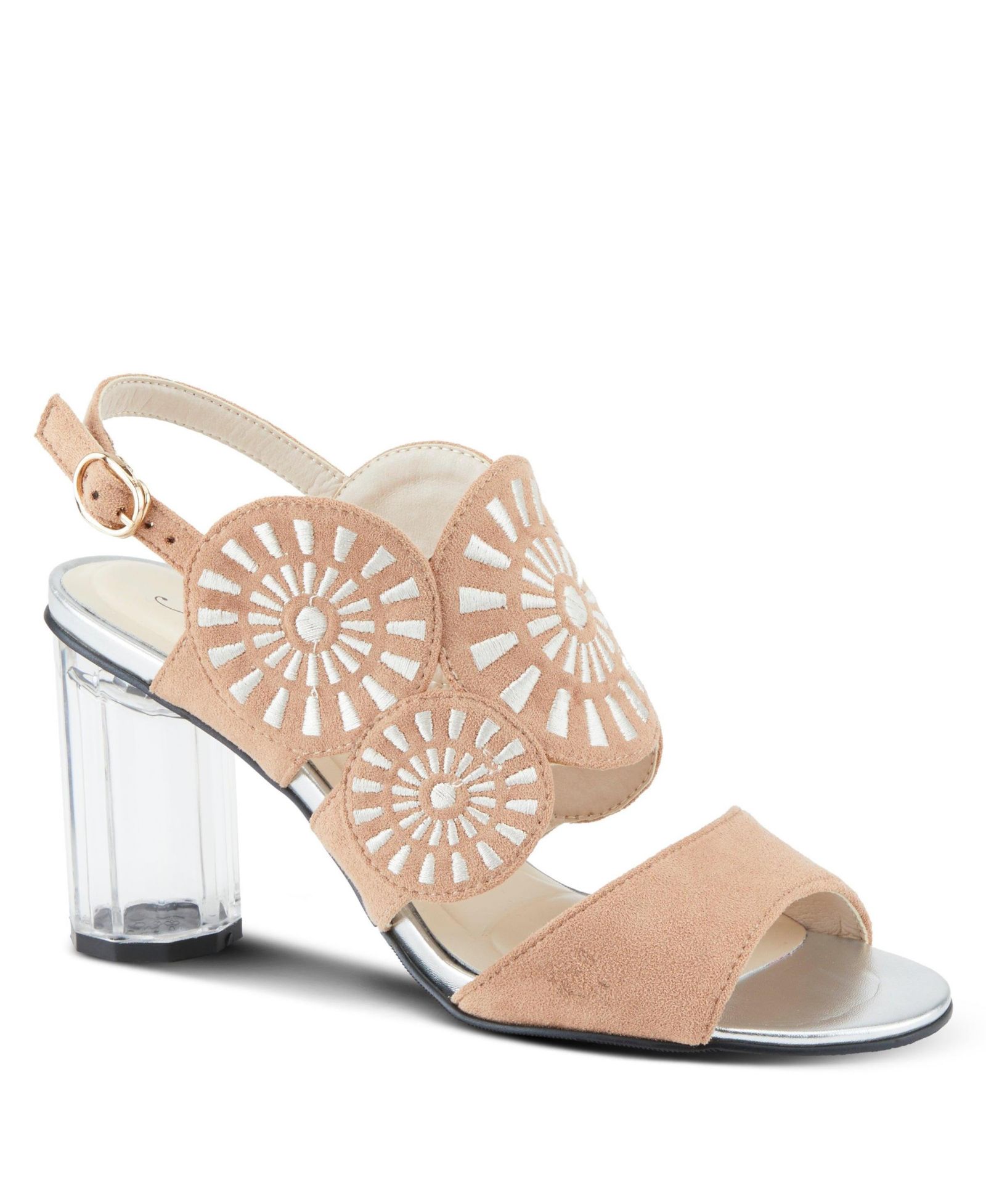 Azura Women's Embroidery Pumps & Heels - Geometric Design, Adjustable Ankle Strap, Transparent Cylindrical Heel