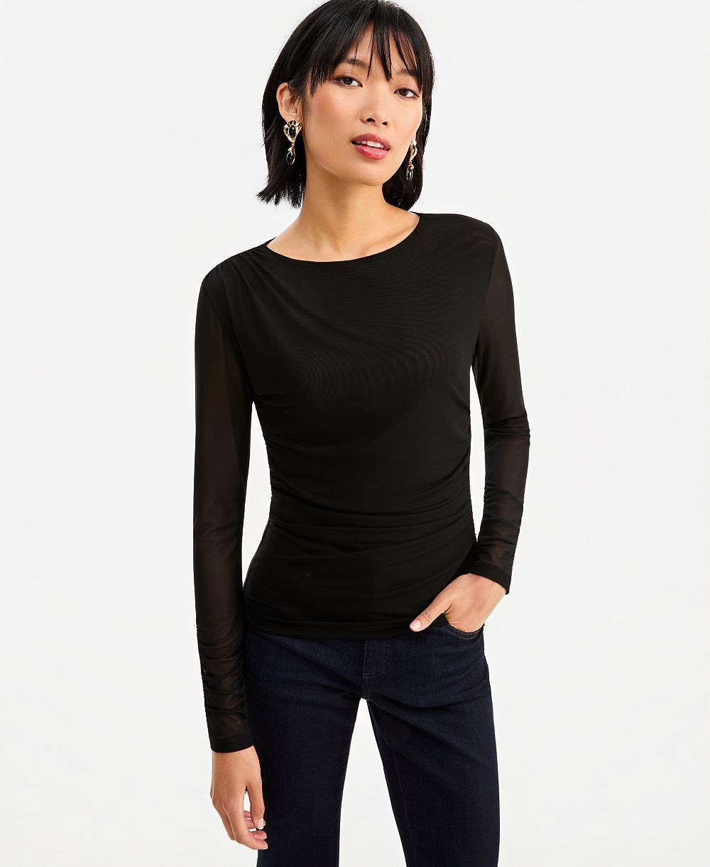 I.N.C. International Concepts Women's Long-Sleeve Ruched Mesh Blouse, Macy's Exclusive