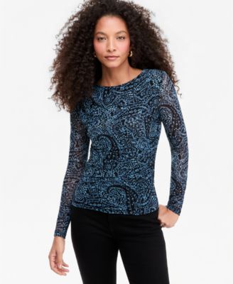 I.N.C. International Concepts Women's Ruched Mesh Long-Sleeve Crewneck T-Shirt, Macy's Exclusive