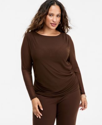 I.N.C. International Concepts Plus Size Long Sleeve Sheer Mesh Ruched Top, Macy's Exclusive