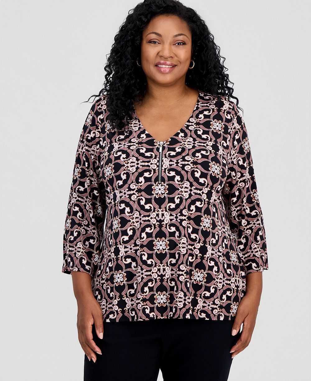 Женский топ Plus Size JM Collection Zip-Neck 3/4-Sleeve