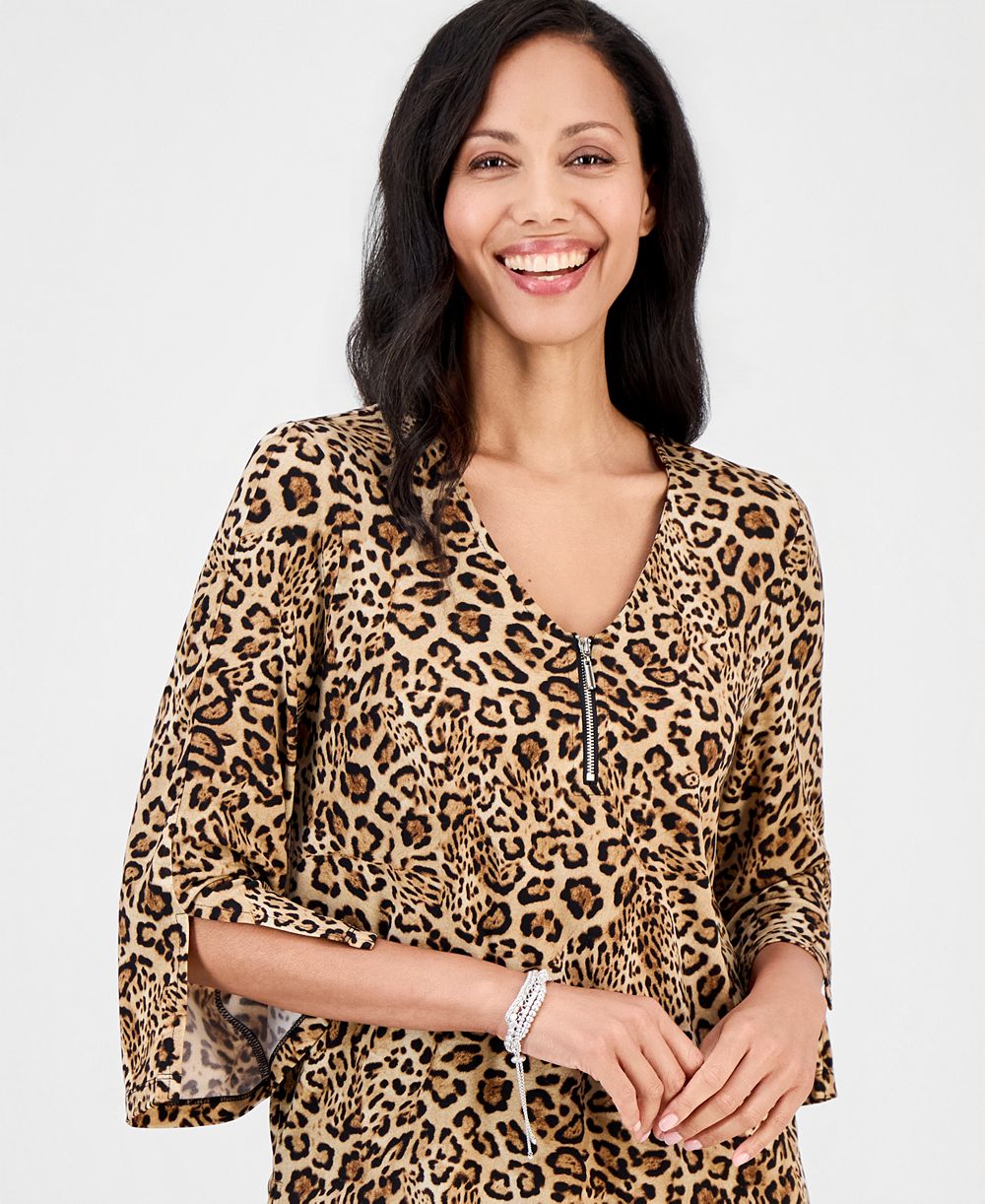 JM Collection Women's Printed 3/4-Sleeve Zip-Front Top, Macy's Exclusive