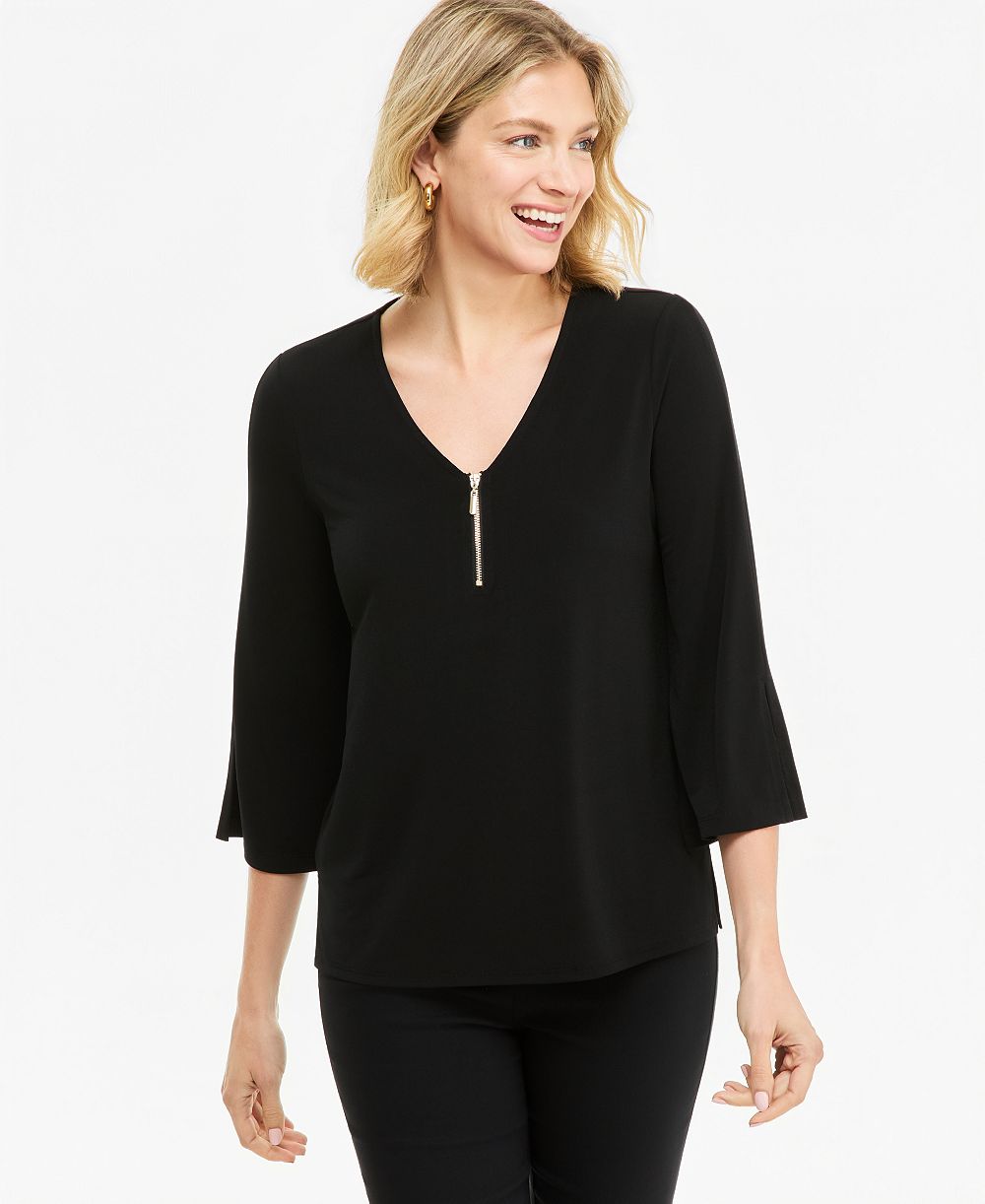JM Collection Petite V-Neck 3/4-Sleeve Zip-Front Blouse, Macy's Exclusive