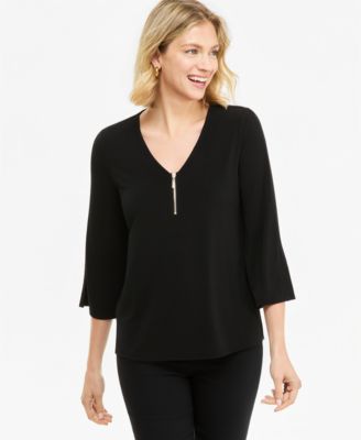 JM Collection Petite V-Neck 3/4-Sleeve Zip-Front Blouse, Macy's Exclusive