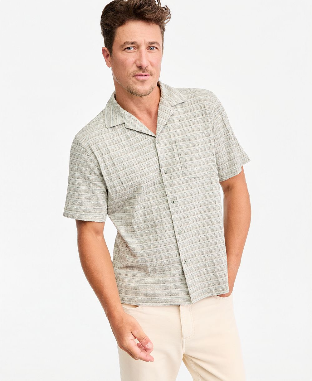 Sun + Stone Мужской Short-Sleeve Stripe Texture Pocket Camp Shirt