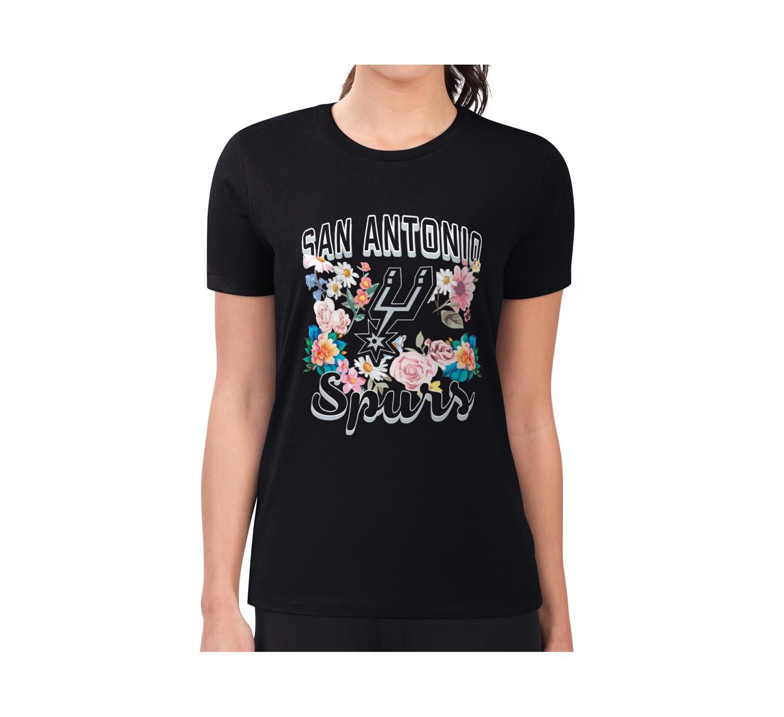 G-III 4Her by Carl Banks Women's Black San Antonio Spurs Super-Slim Fit Lightweight Flowers Team Logo Graphic T-Shirt