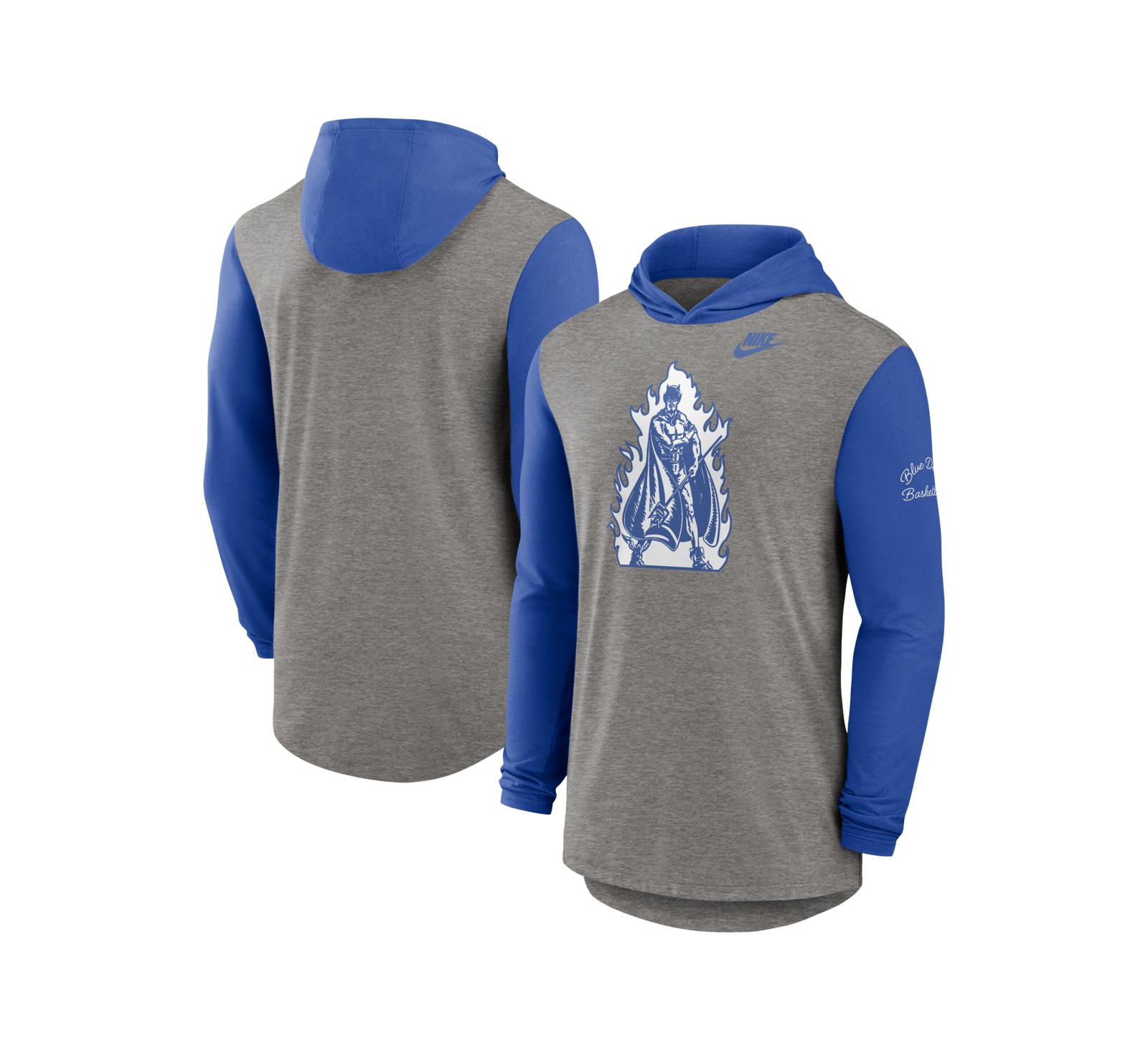 Nike Men's Heather Gray/Royal Duke Blue Devils Campus Legacy Tri-Blend Long Sleeve Hooded T-Shirt
