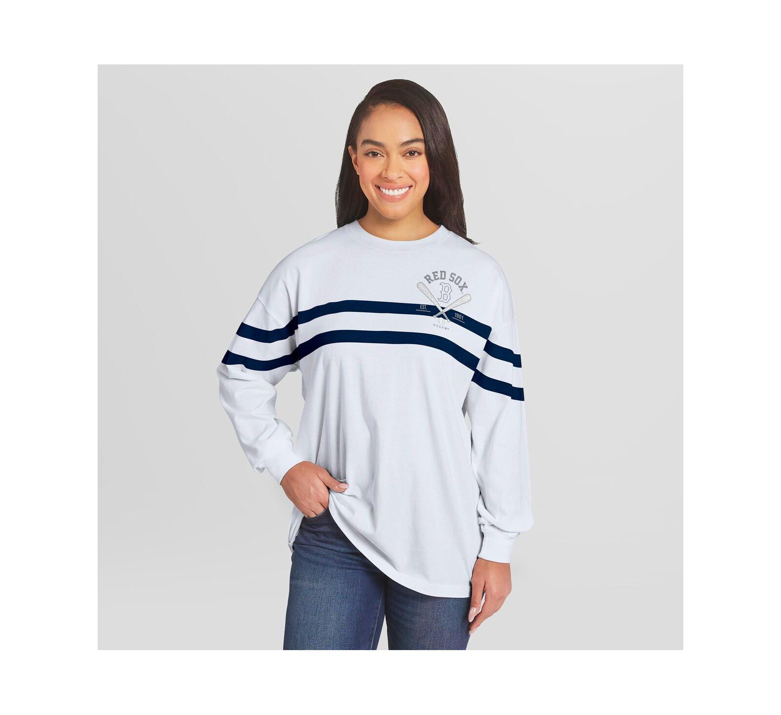 Женская полосатая футболка WEAR by Erin Andrews White Boston Red Sox Oversized Long Sleeve