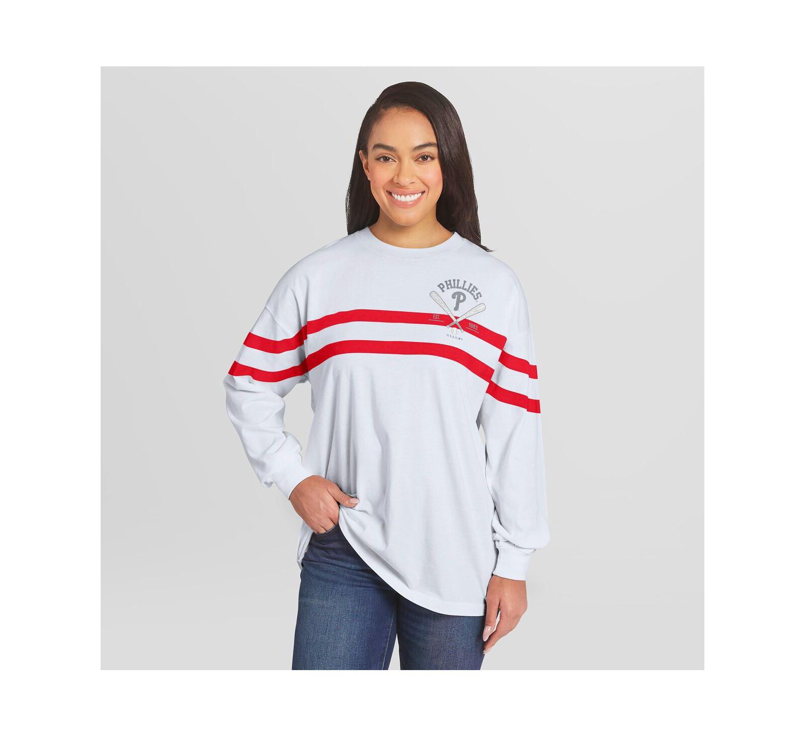 Футболка WEAR by Erin Andrews Women's White Philadelphia Phillies Oversized Long Sleeve Striped