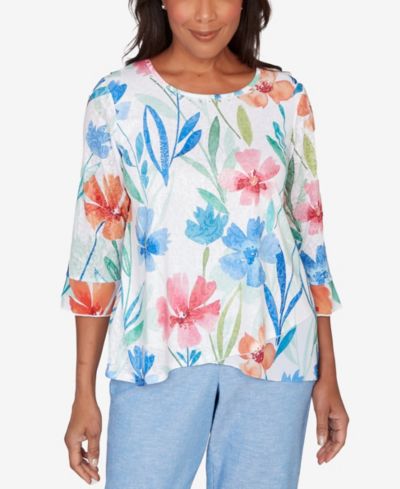Alfred Dunner Petite Caribbean Blues Whimsical Flower Bell Sleeve Top