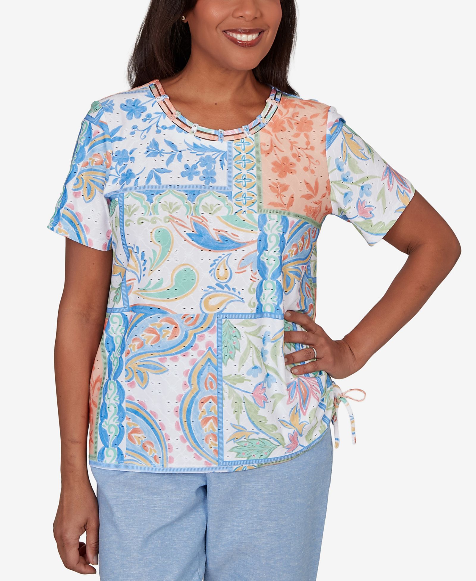 Alfred Dunner Petite Caribbean Blues Patchwork Scroll Side Tie Ruched T-Shirt
