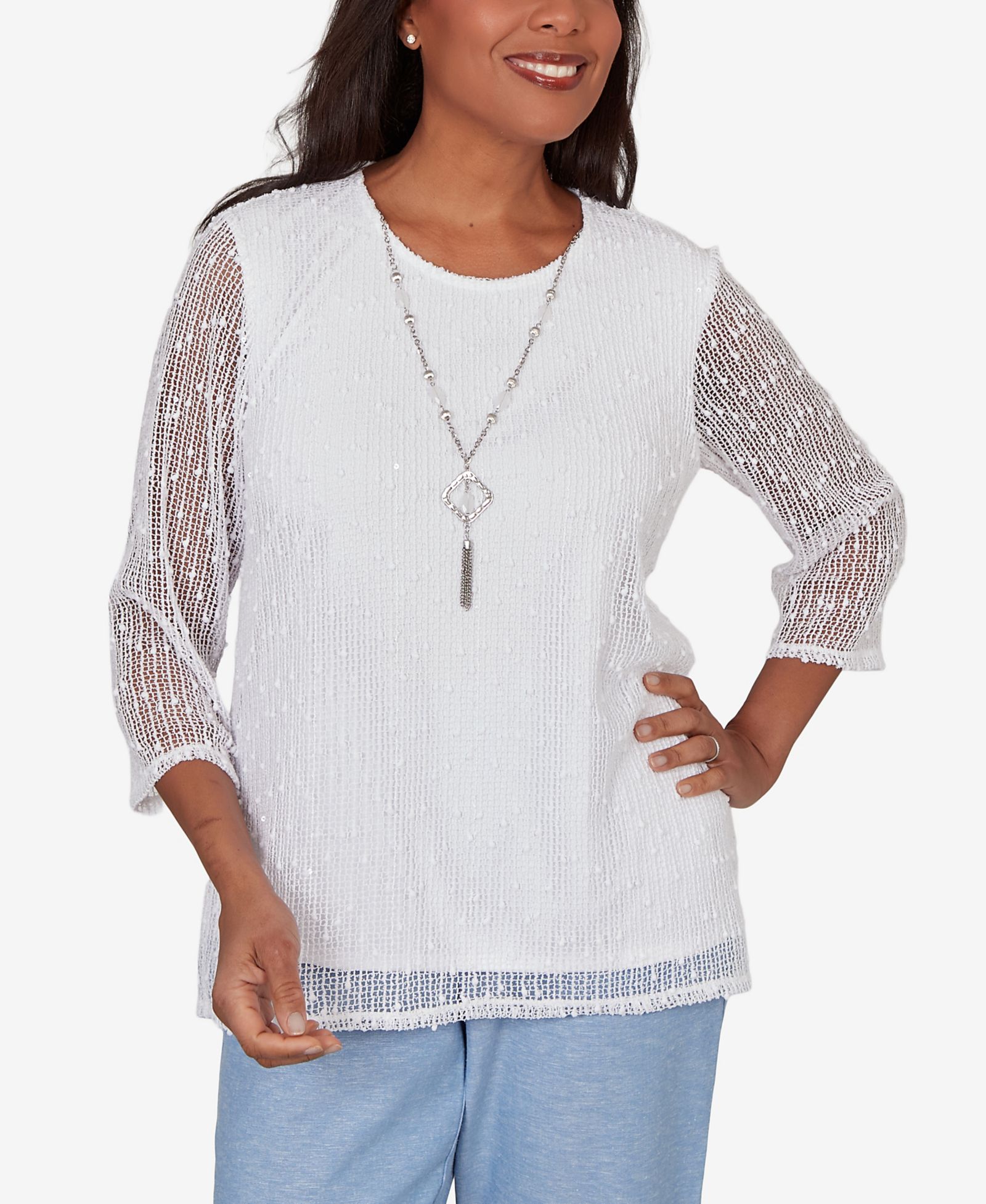 Alfred Dunner Petite Caribbean Blues Popcorn Mesh Solid Top