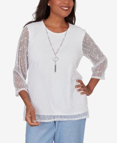 Alfred Dunner Petite Caribbean Blues Popcorn Mesh Solid Top