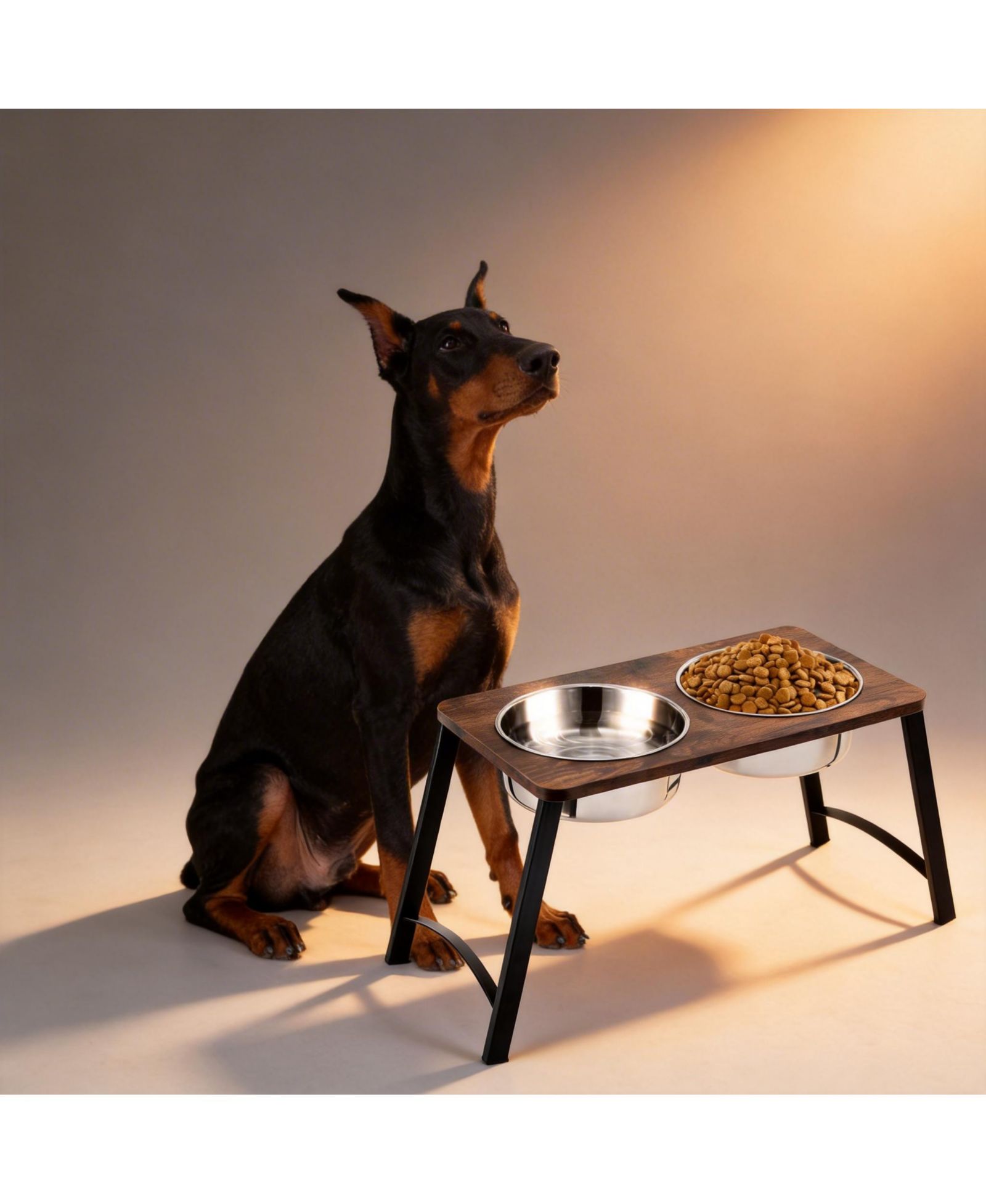 ARONKL Elevated Dog Bowl Stand with 2 Stainless Steel Bowls Tilted Wood Metal Joint Strain Relief Non-slip