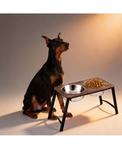 ARONKL Elevated Dog Bowl Stand with 2 Stainless Steel Bowls Tilted Wood Metal Joint Strain Relief Non-slip