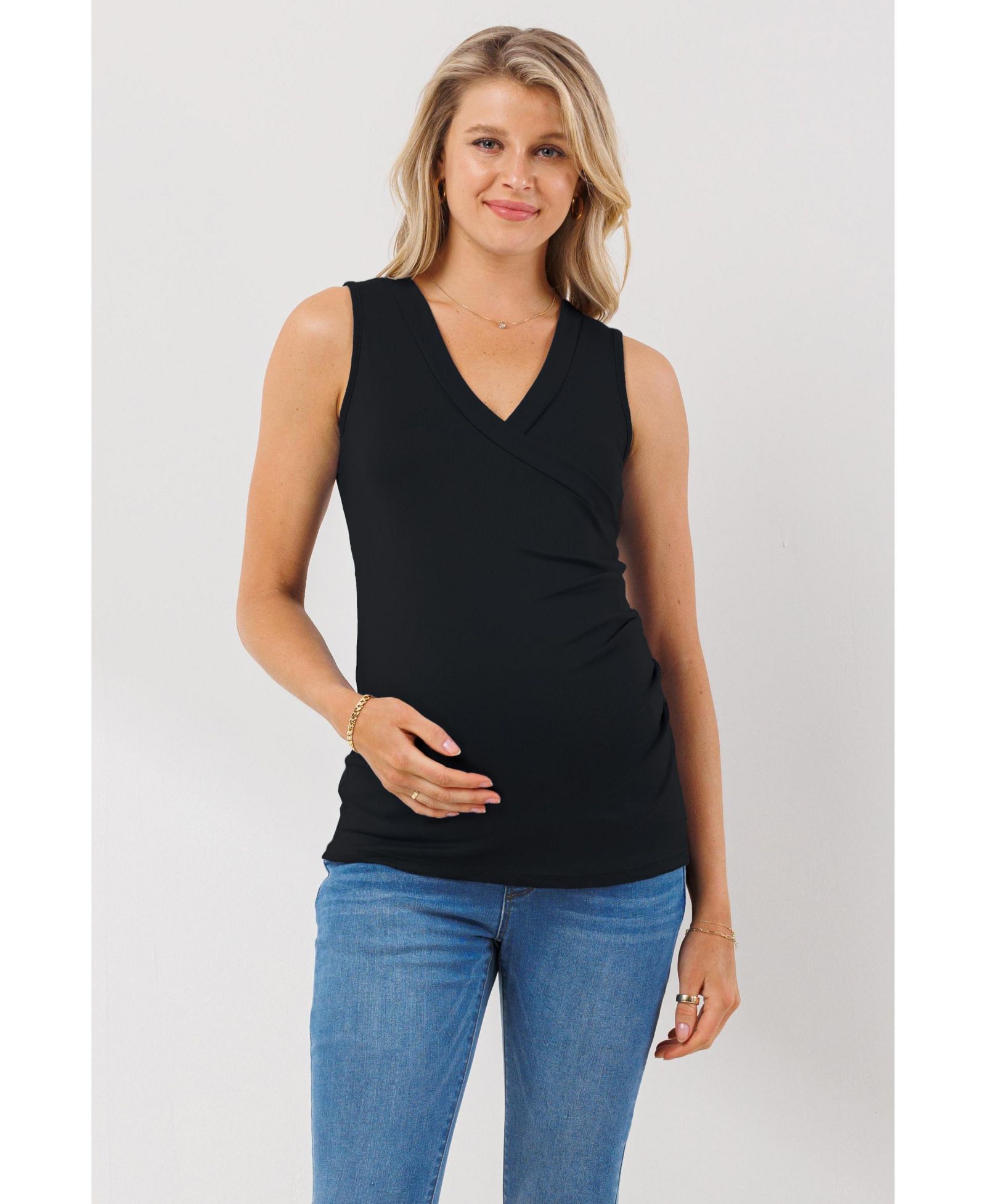 Hello Miz Maternity Sleeveless Ruched V-Neck Wrap Nursing Tank Top