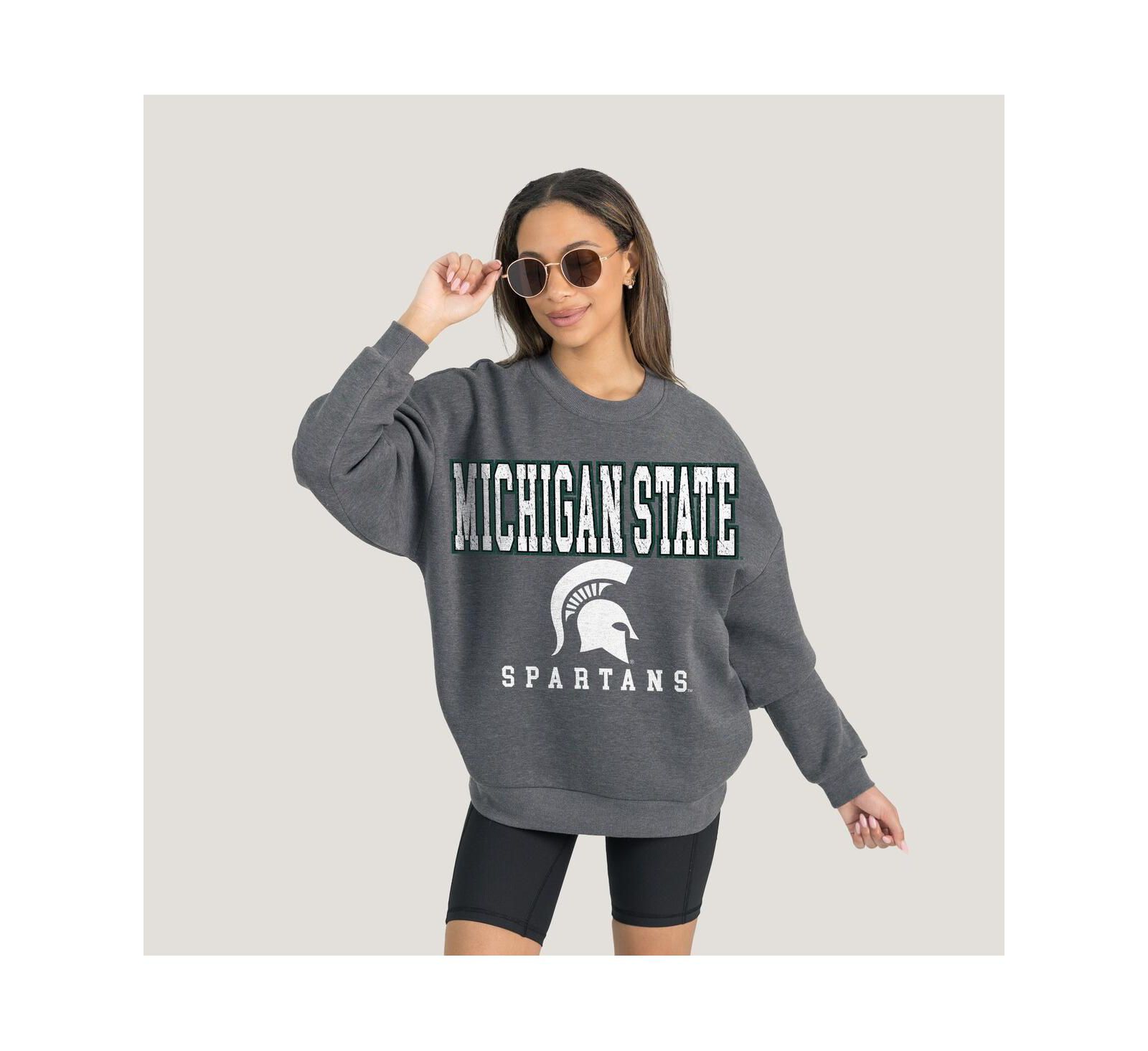 Gameday Couture Women's Heather Charcoal Michigan State Spartans Oversized Distressed Fleece Pullover Sweatshirt