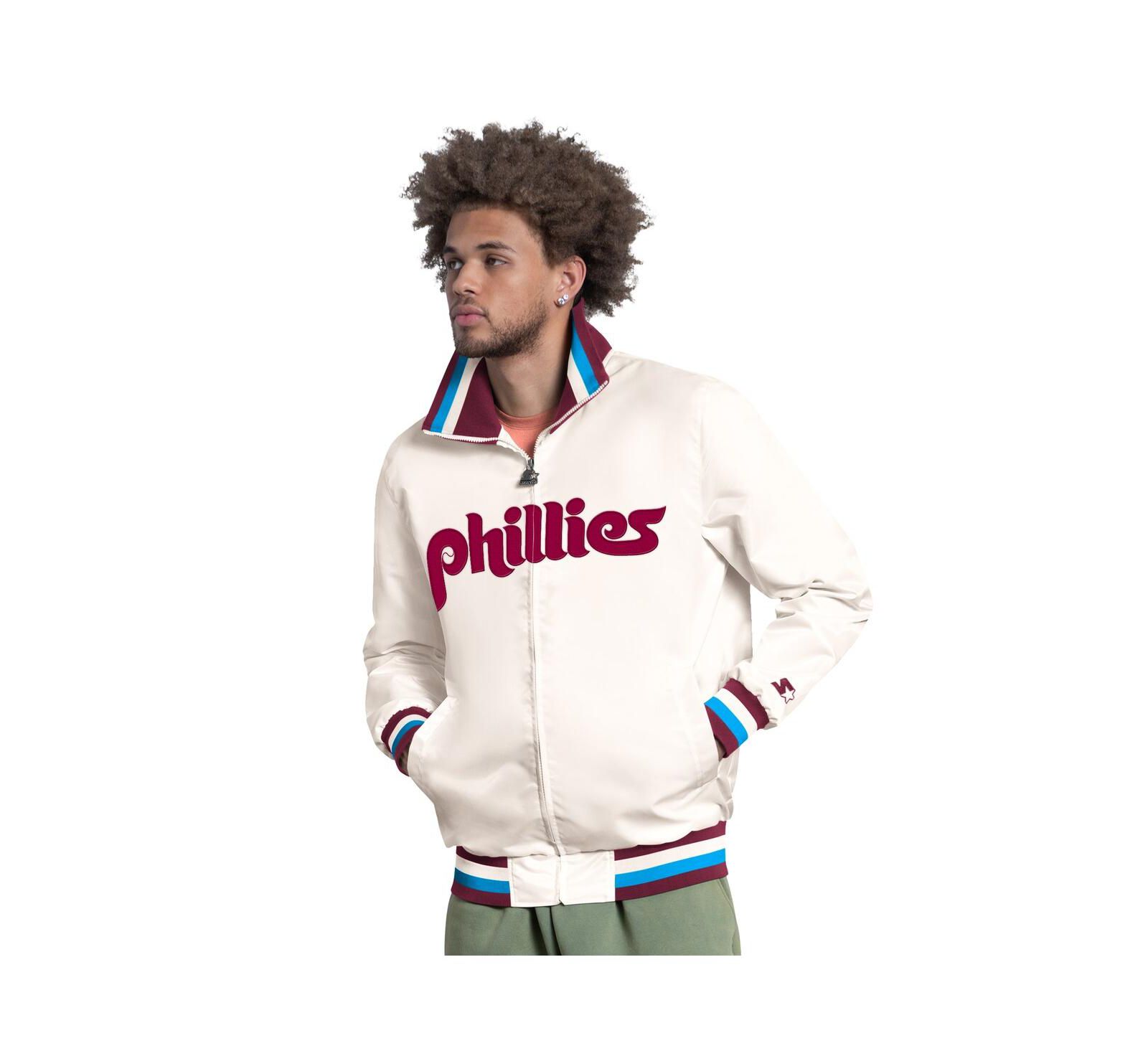 Starter Men's White Philadelphia Phillies The Captain Cooperstown Logo Full-Zip Varsity Jacket