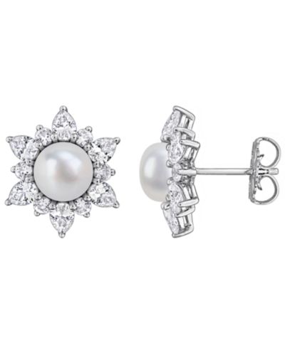 Серьги Macy's Cultured Freshwater Pearl & Created White Sapphire (3-3/8 ct. t.w.) в серебряной оправе