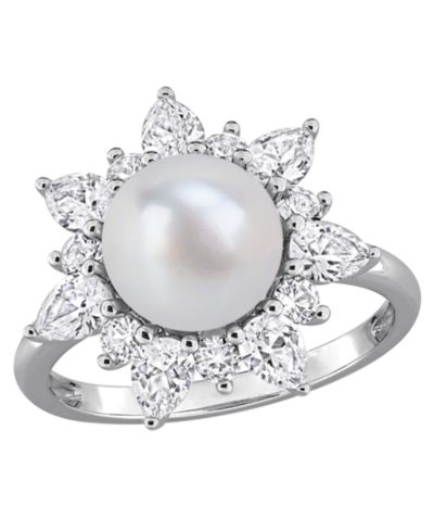 Серьги Macy's Cultured Freshwater Pearl and Created White Sapphire (2 ct. t.w.) в Sterling Silver