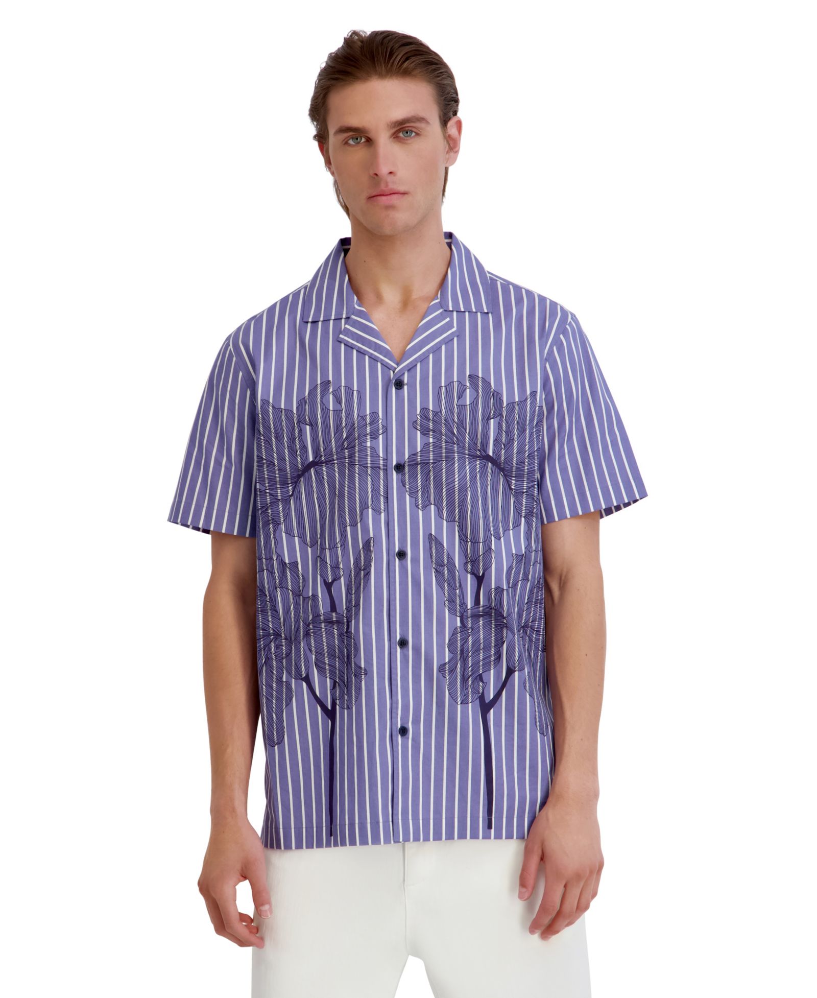KARL LAGERFELD PARIS Men's Printed Floral Stripe Camp Collar Shirt