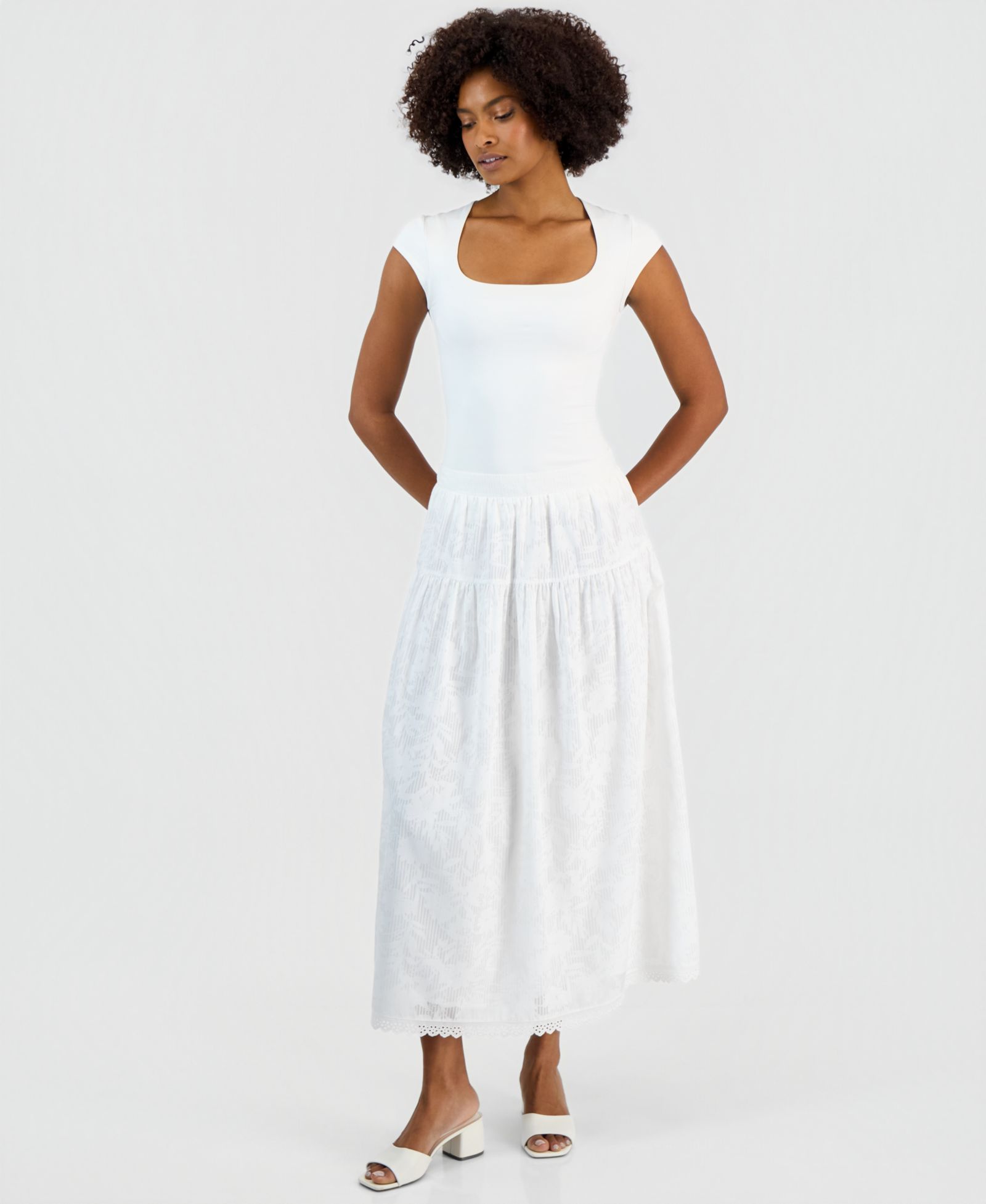 Vince Camuto Women's Tonal-Print Tiered Lace-Trim Maxi Skirt