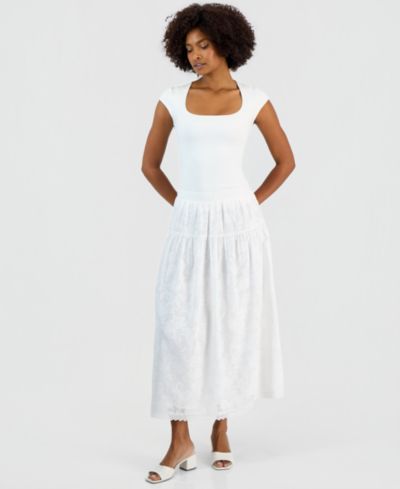 Vince Camuto Women's Tonal-Print Tiered Lace-Trim Maxi Skirt