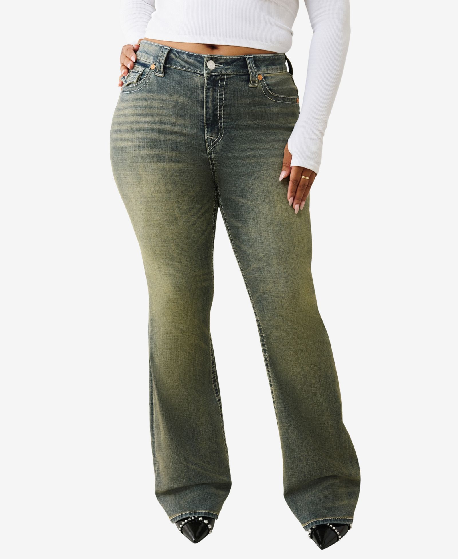 True Religion Plus Size Becca Mid-Rise Bootcut Big T Flap Jeans