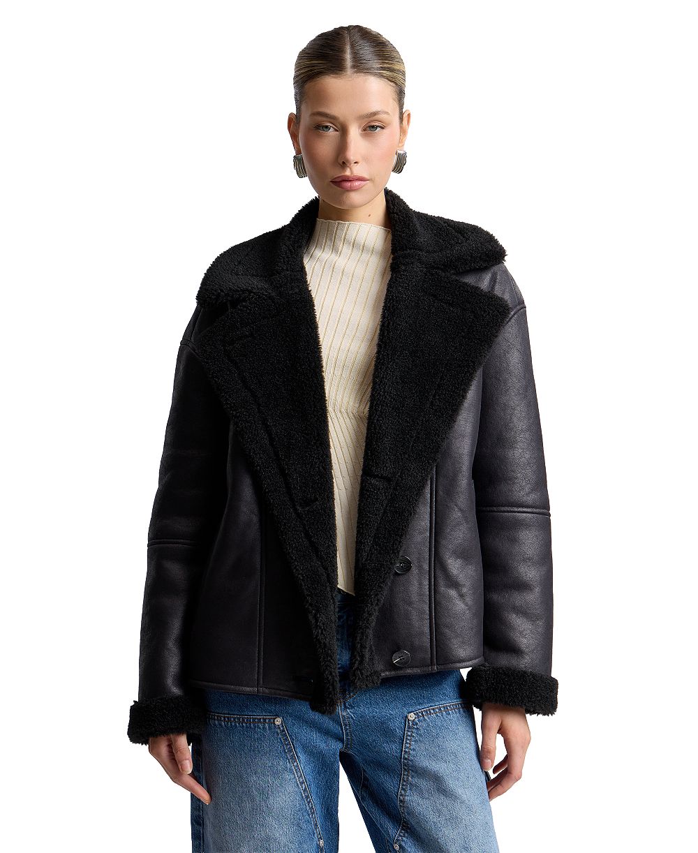 Avec Les Filles Women's Collared Faux Shearling Coat