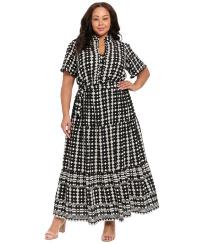 London Times Plus Size Short-Sleeve Ruffle Collar Tiered Maxi Dress