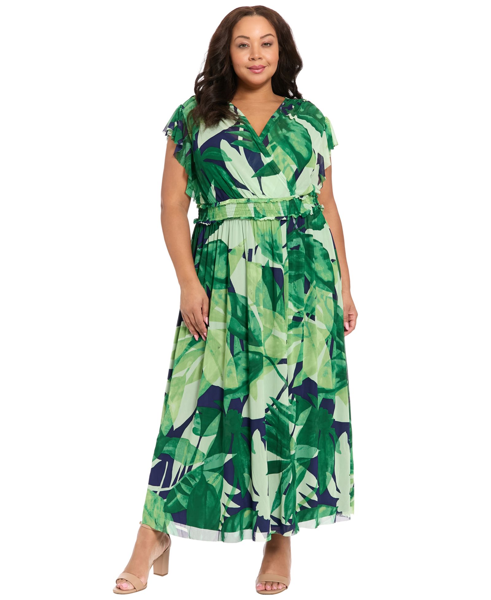 London Times Plus Size Flutter-Sleeve Surplice Neck Tiered Maxi Dress